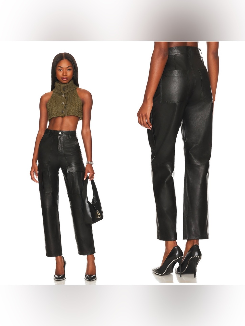 NWT GRLFRND Gianna Cargo leather Pant in Black